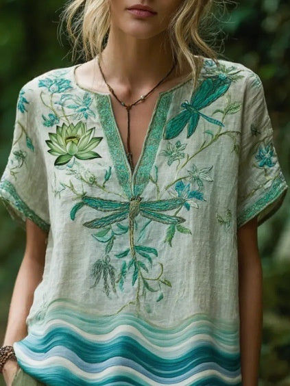 Comfortable and trendy women's clothing, Bohemian style V-neck short-sleeved T-shirt