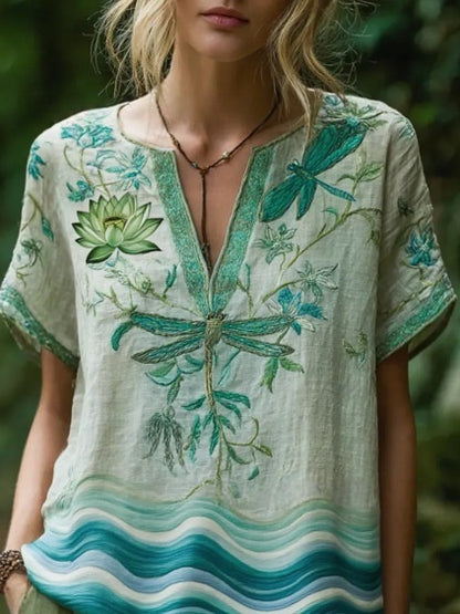 Comfortable and trendy women's clothing, Bohemian style V-neck short-sleeved T-shirt