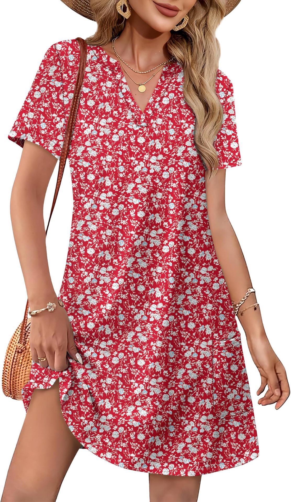 Women’s Casual V-Neck Printed Pocket Dress