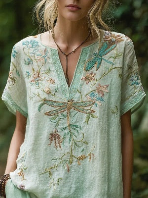Comfortable and trendy women's clothing, Bohemian style V-neck short-sleeved T-shirt