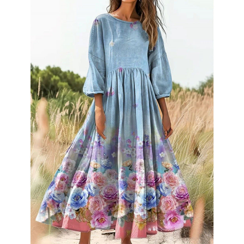Women's Vintage Floral Print Loose Maxi Dress – Casual 3/4 Sleeve Boho Long Dress
