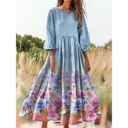 Women's Vintage Floral Print Loose Maxi Dress – Casual 3/4 Sleeve Boho Long Dress