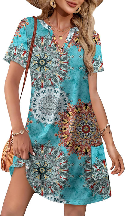 Women’s Casual V-Neck Printed Pocket Dress