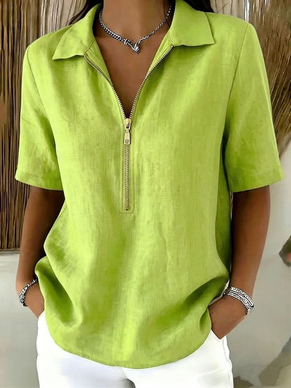 Women's Casual Half-Zip Collared Blouse – Lightweight Relaxed Fit Short Sleeve Top