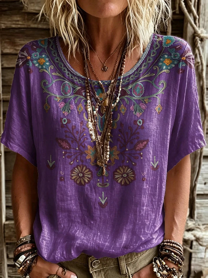 Women’s Floral Embroidery-Look Short Sleeve Top