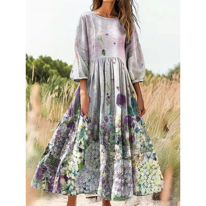 Women's Vintage Floral Print Loose Maxi Dress – Casual 3/4 Sleeve Boho Long Dress