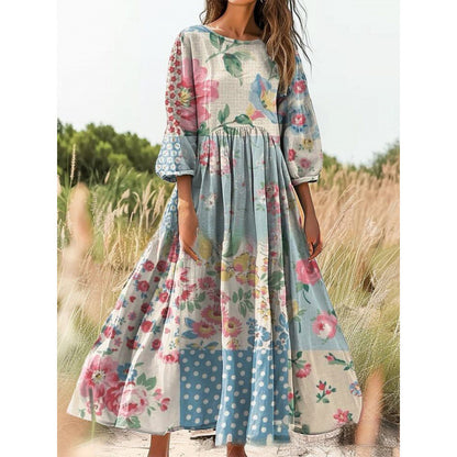 Women's Vintage Floral Print Loose Maxi Dress – Casual 3/4 Sleeve Boho Long Dress