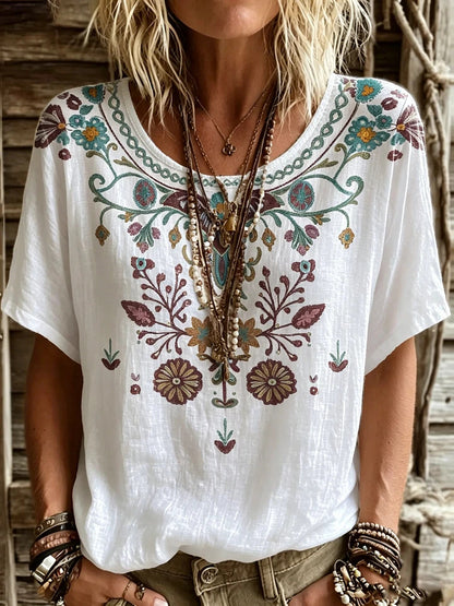 Women’s Floral Embroidery-Look Short Sleeve Top