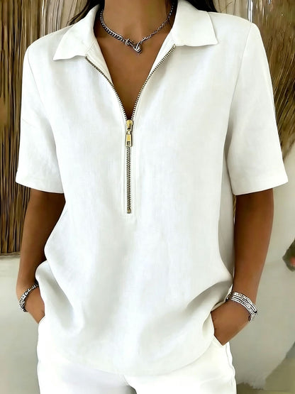 Women's Casual Half-Zip Collared Blouse – Lightweight Relaxed Fit Short Sleeve Top