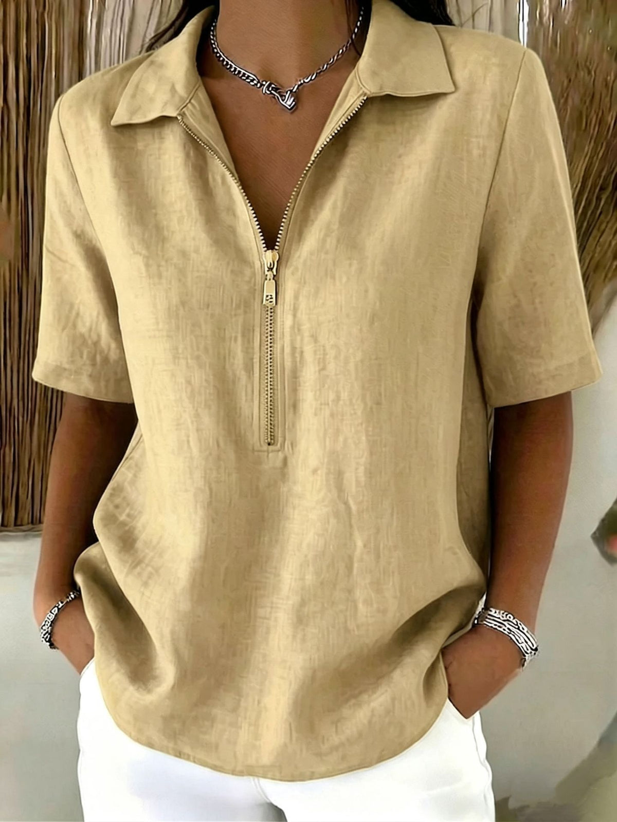 Women's Casual Half-Zip Collared Blouse – Lightweight Relaxed Fit Short Sleeve Top
