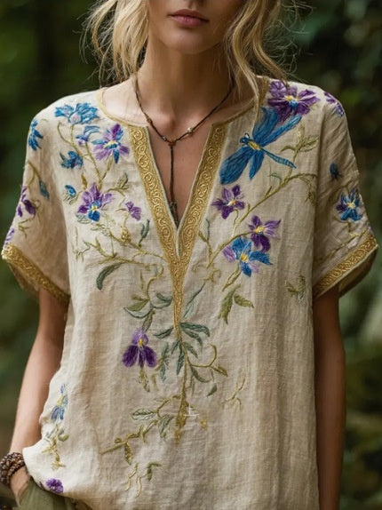 Comfortable and trendy women's clothing, Bohemian style V-neck short-sleeved T-shirt