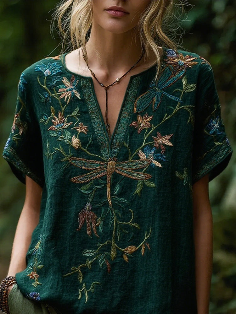 Comfortable and trendy women's clothing, Bohemian style V-neck short-sleeved T-shirt