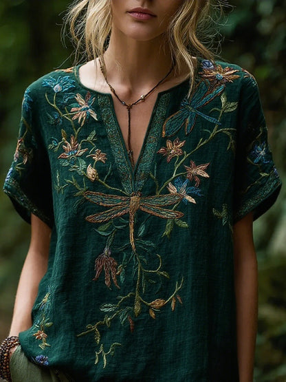 Comfortable and trendy women's clothing, Bohemian style V-neck short-sleeved T-shirt