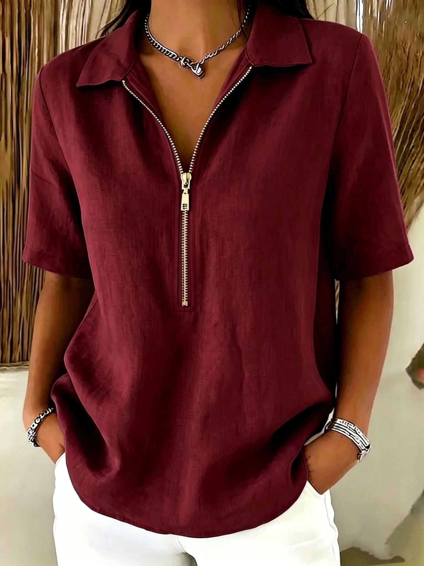 Women's Casual Half-Zip Collared Blouse – Lightweight Relaxed Fit Short Sleeve Top