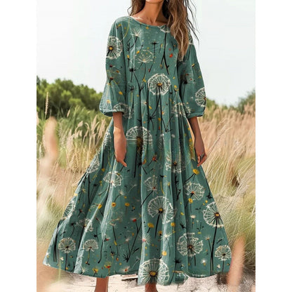 Women's Vintage Floral Print Loose Maxi Dress – Casual 3/4 Sleeve Boho Long Dress