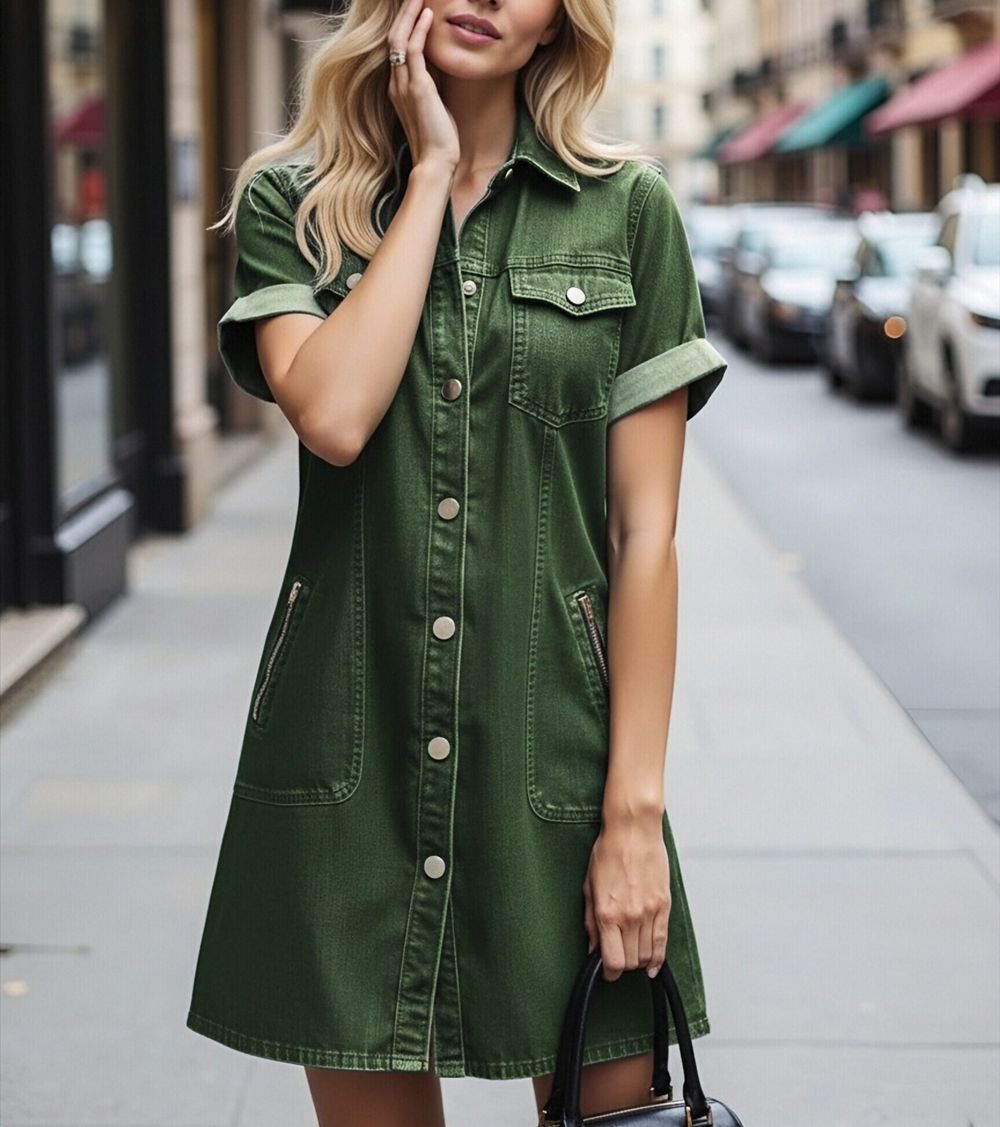 Women’s Casual Washed Denim Shirt Dress with Pockets