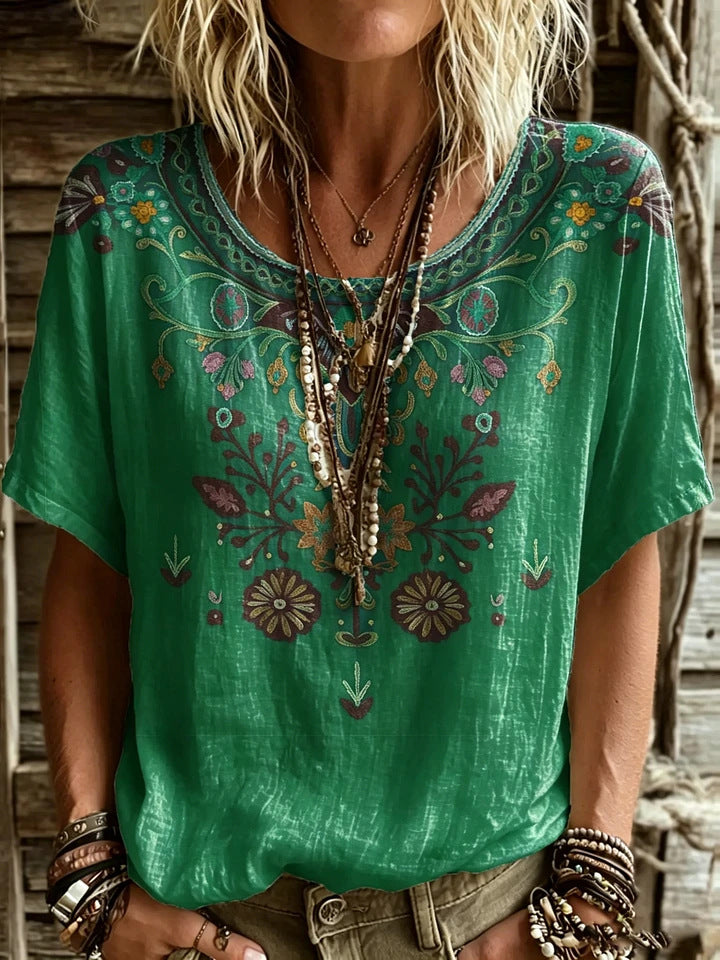 Women’s Floral Embroidery-Look Short Sleeve Top