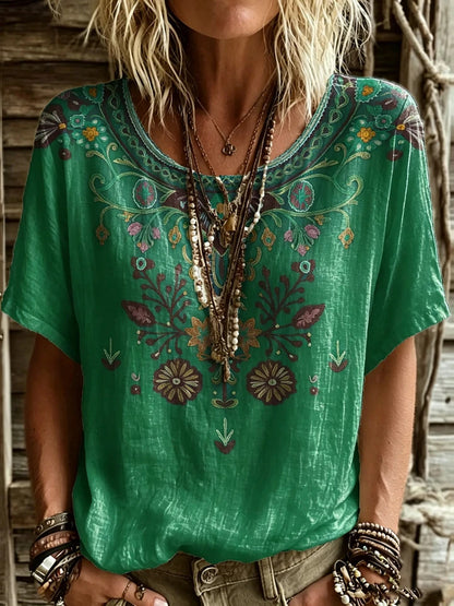 Women’s Floral Embroidery-Look Short Sleeve Top