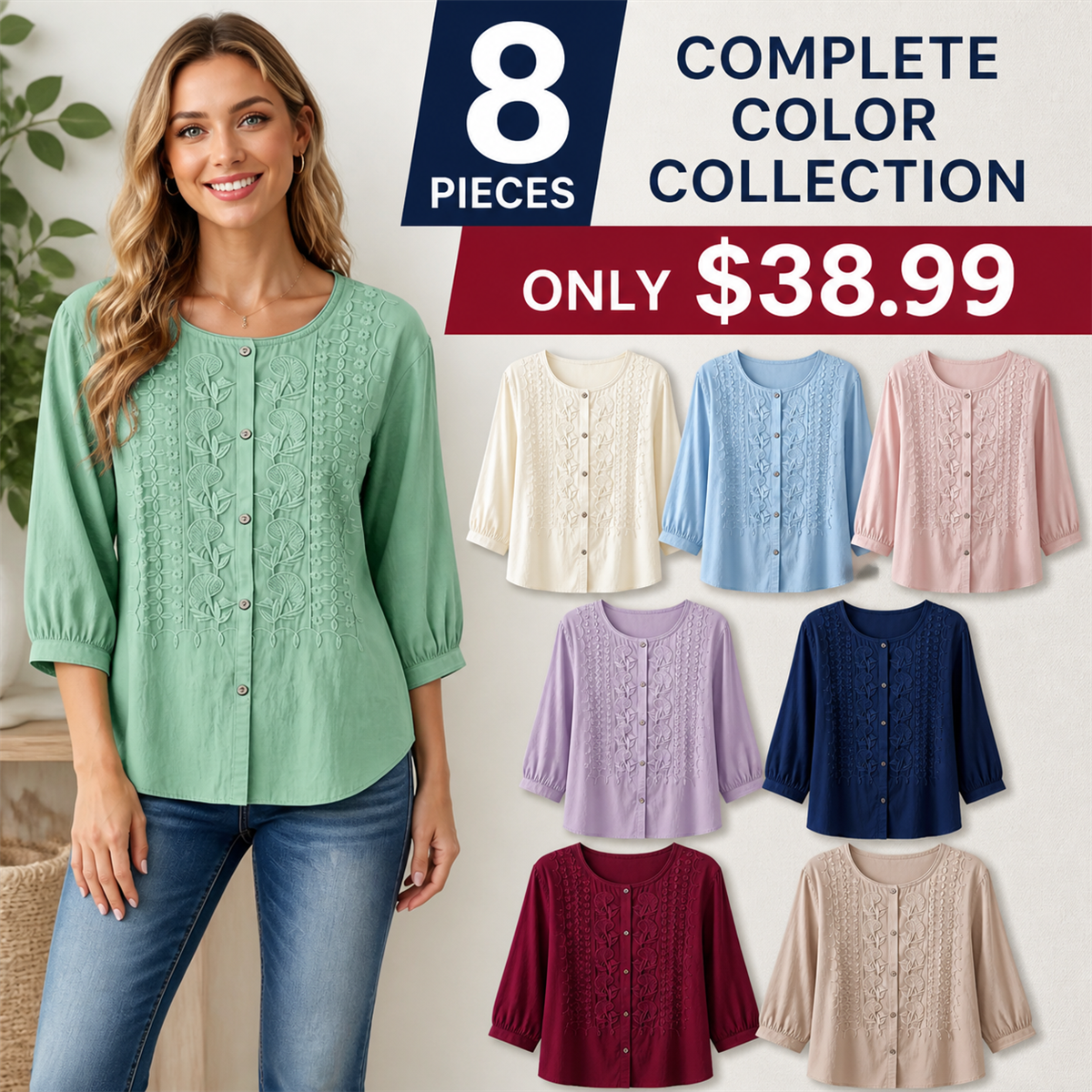 FINAL CLEARANCE - 8-Pack Only $38.99 - Women's Embroidered Button-Front Three-Quarter-Sleeve Blouse