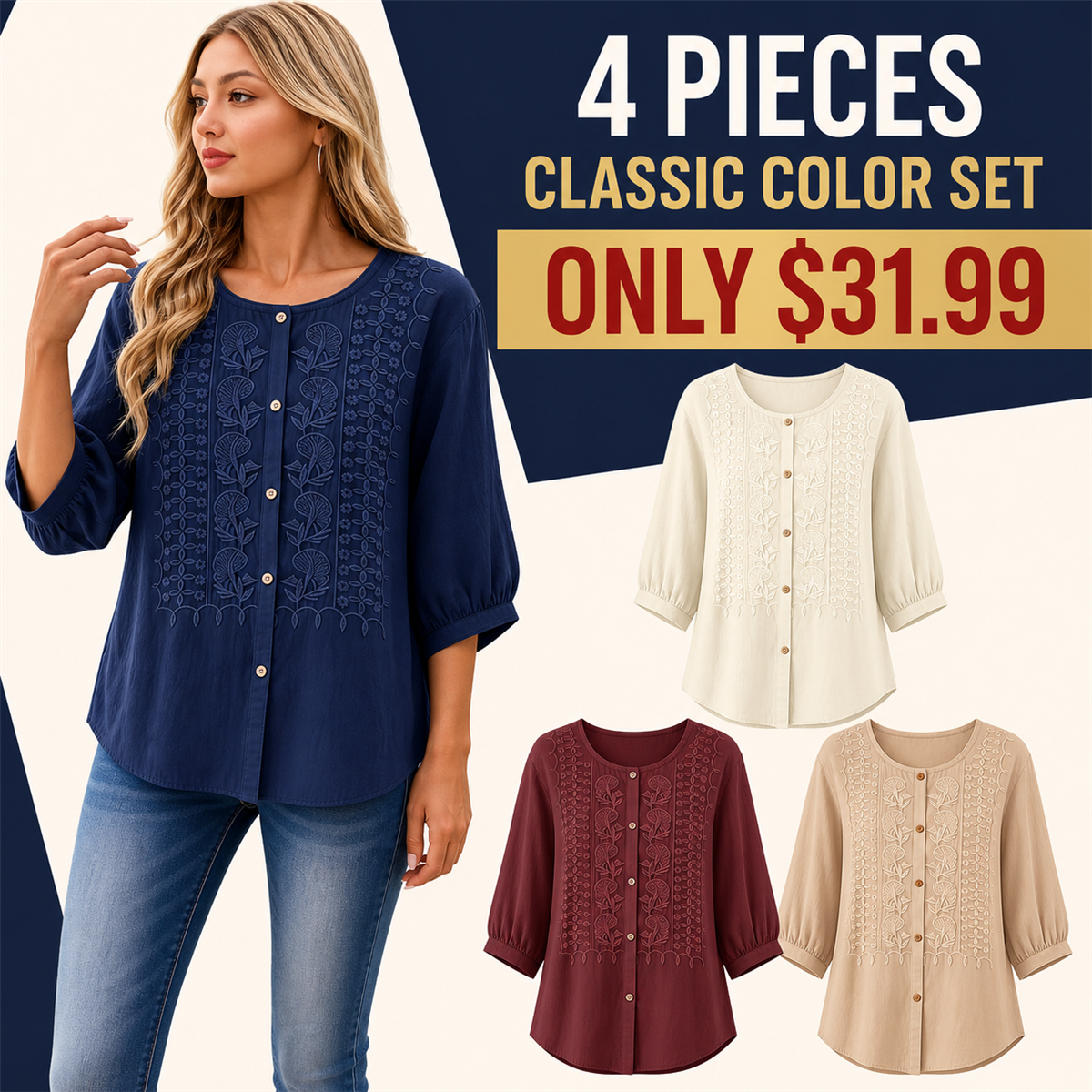 FINAL CLEARANCE - 8-Pack Only $38.99 - Women's Embroidered Button-Front Three-Quarter-Sleeve Blouse
