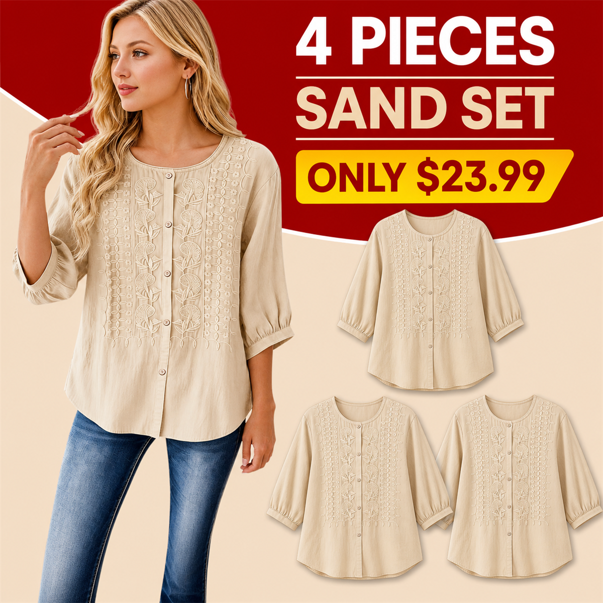 FINAL CLEARANCE - 8-Pack Only $38.99 - Women's Embroidered Button-Front Three-Quarter-Sleeve Blouse