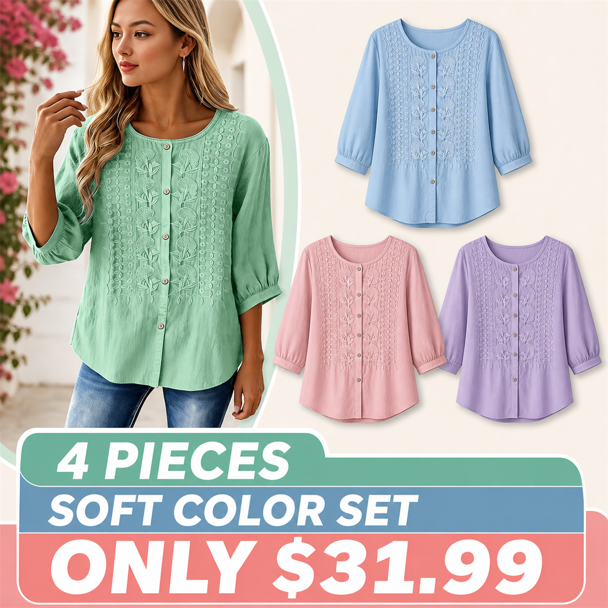 FINAL CLEARANCE - 8-Pack Only $38.99 - Women's Embroidered Button-Front Three-Quarter-Sleeve Blouse
