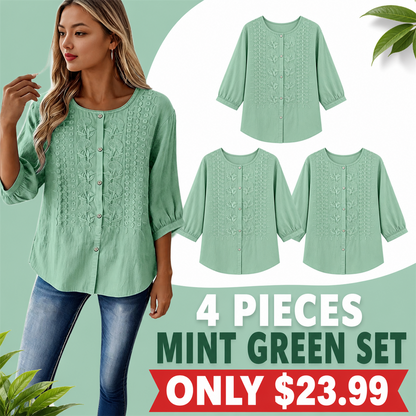 FINAL CLEARANCE - 8-Pack Only $38.99 - Women's Embroidered Button-Front Three-Quarter-Sleeve Blouse