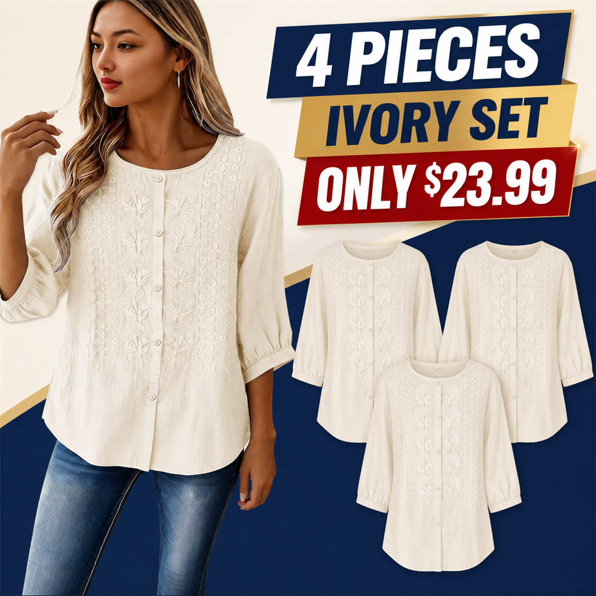 FINAL CLEARANCE - 8-Pack Only $38.99 - Women's Embroidered Button-Front Three-Quarter-Sleeve Blouse