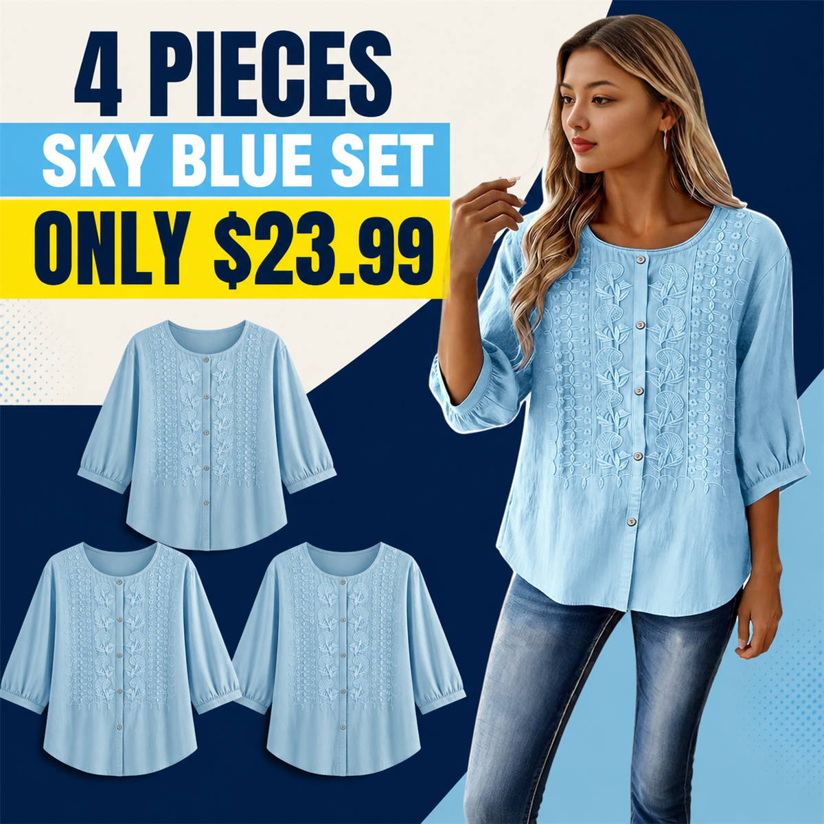 FINAL CLEARANCE - 8-Pack Only $38.99 - Women's Embroidered Button-Front Three-Quarter-Sleeve Blouse