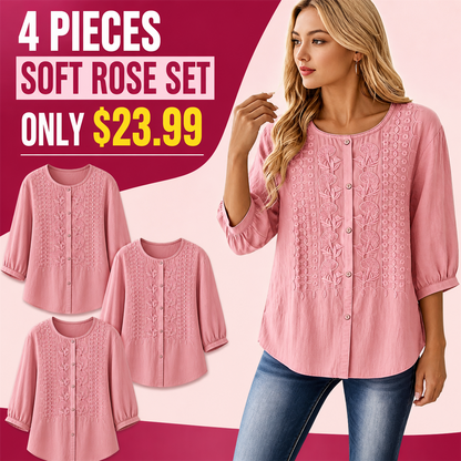 FINAL CLEARANCE - 8-Pack Only $38.99 - Women's Embroidered Button-Front Three-Quarter-Sleeve Blouse