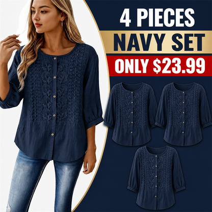 FINAL CLEARANCE - 8-Pack Only $38.99 - Women's Embroidered Button-Front Three-Quarter-Sleeve Blouse
