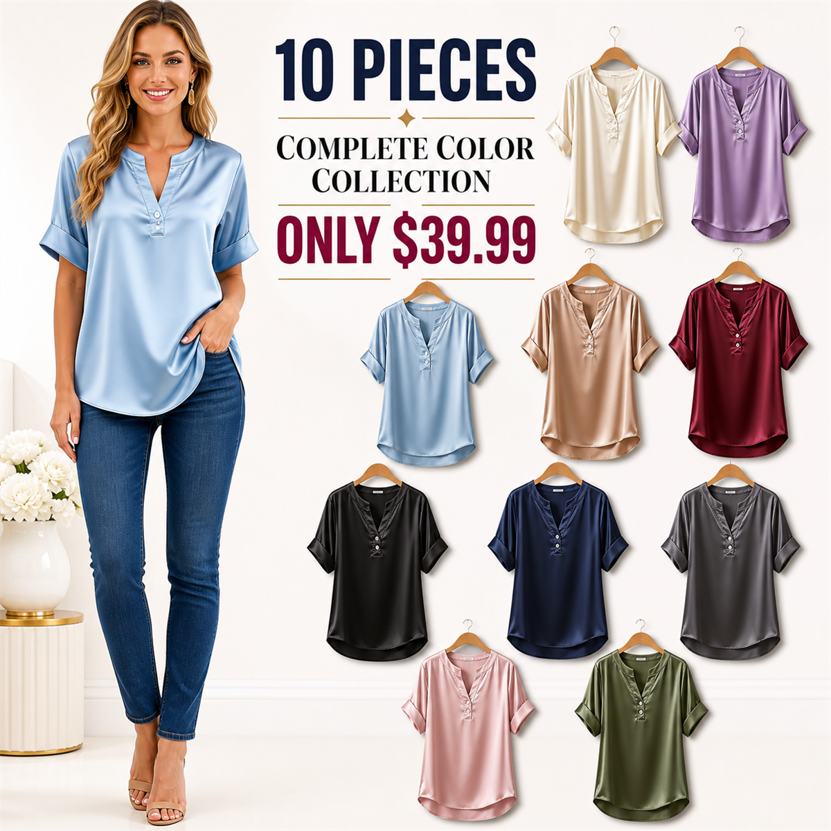 FINAL CLEARANCE - 10-Pack Only $39.99 - Women's Satin-Look Notch-Neck Short-Sleeve Blouse