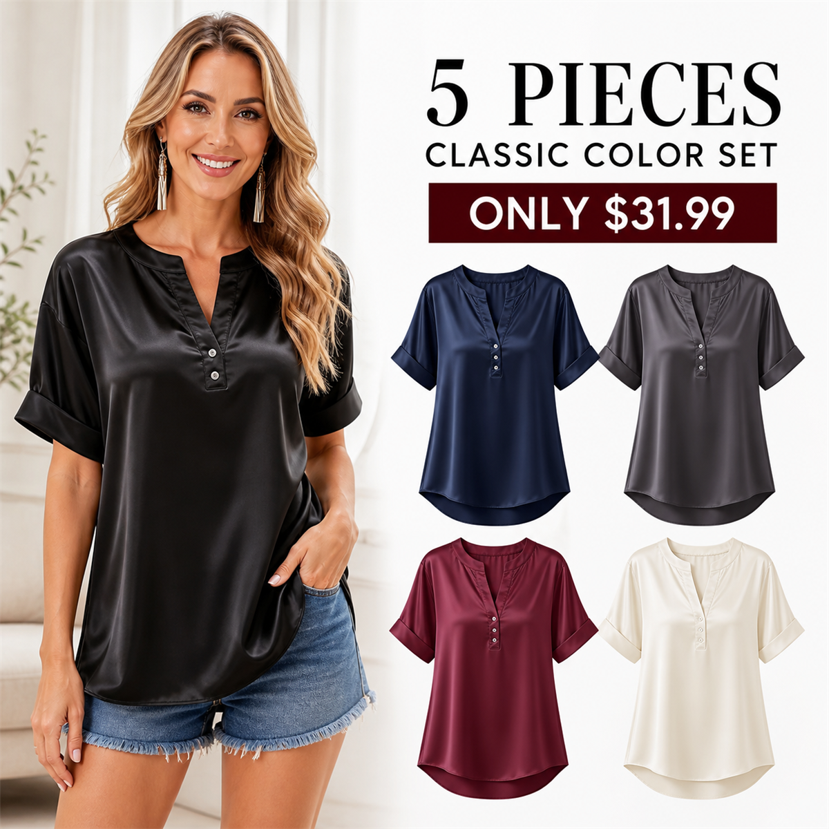 FINAL CLEARANCE - 10-Pack Only $39.99 - Women's Satin-Look Notch-Neck Short-Sleeve Blouse