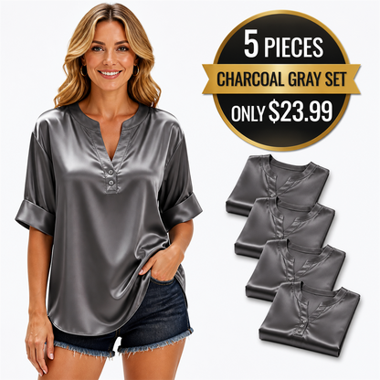 FINAL CLEARANCE - 10-Pack Only $39.99 - Women's Satin-Look Notch-Neck Short-Sleeve Blouse