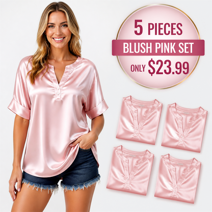 FINAL CLEARANCE - 10-Pack Only $39.99 - Women's Satin-Look Notch-Neck Short-Sleeve Blouse