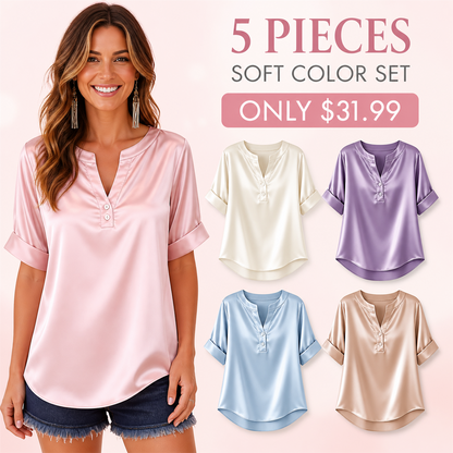 FINAL CLEARANCE - 10-Pack Only $39.99 - Women's Satin-Look Notch-Neck Short-Sleeve Blouse