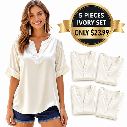 FINAL CLEARANCE - 10-Pack Only $39.99 - Women's Satin-Look Notch-Neck Short-Sleeve Blouse