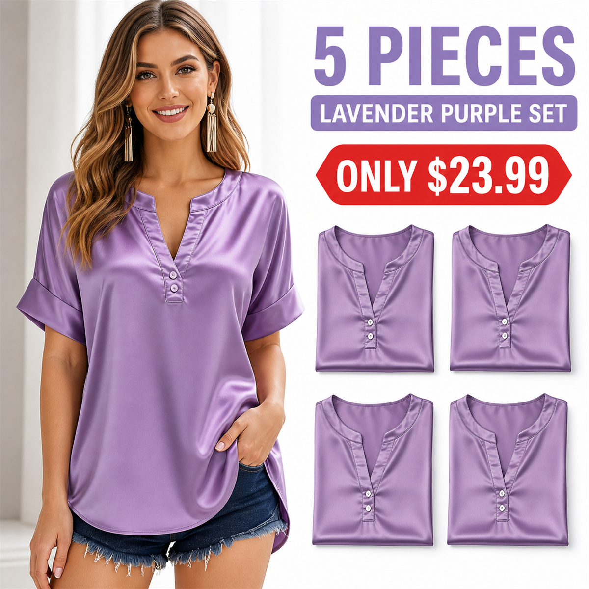 FINAL CLEARANCE - 10-Pack Only $39.99 - Women's Satin-Look Notch-Neck Short-Sleeve Blouse