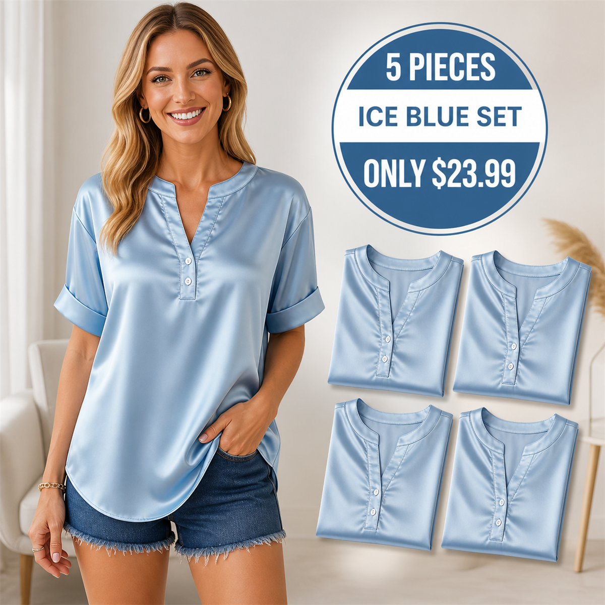 FINAL CLEARANCE - 10-Pack Only $39.99 - Women's Satin-Look Notch-Neck Short-Sleeve Blouse