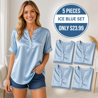 FINAL CLEARANCE - 10-Pack Only $39.99 - Women's Satin-Look Notch-Neck Short-Sleeve Blouse