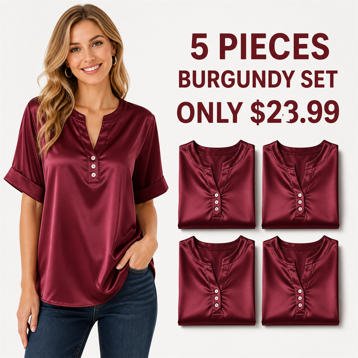 FINAL CLEARANCE - 10-Pack Only $39.99 - Women's Satin-Look Notch-Neck Short-Sleeve Blouse