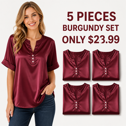 FINAL CLEARANCE - 10-Pack Only $39.99 - Women's Satin-Look Notch-Neck Short-Sleeve Blouse