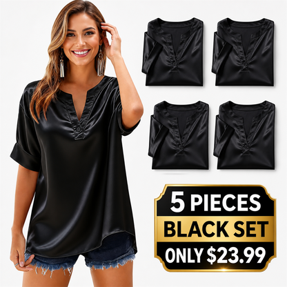 FINAL CLEARANCE - 10-Pack Only $39.99 - Women's Satin-Look Notch-Neck Short-Sleeve Blouse
