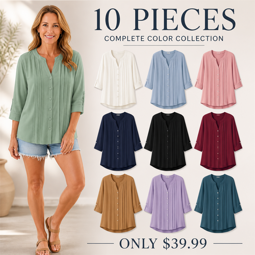 FINAL CLEARANCE - 10-Pack Only $39.99 - Women's Relaxed Pleated Button-Front Three-Quarter-Sleeve Blouse