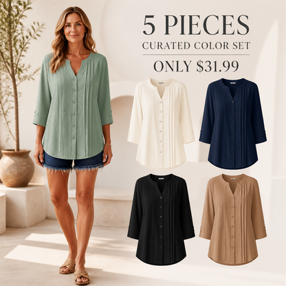 FINAL CLEARANCE - 10-Pack Only $39.99 - Women's Relaxed Pleated Button-Front Three-Quarter-Sleeve Blouse