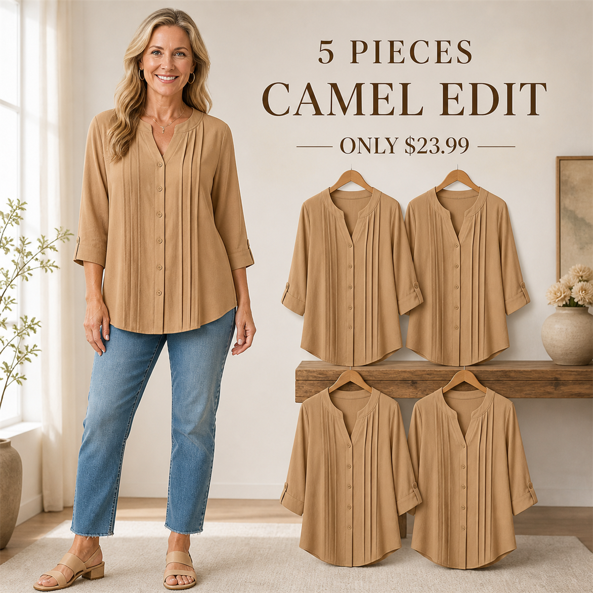 FINAL CLEARANCE - 10-Pack Only $39.99 - Women's Relaxed Pleated Button-Front Three-Quarter-Sleeve Blouse