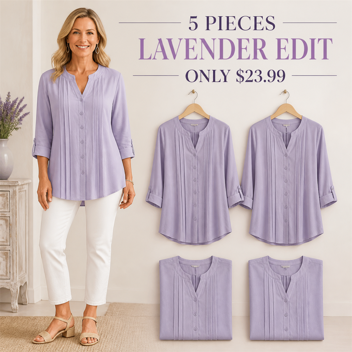 FINAL CLEARANCE - 10-Pack Only $39.99 - Women's Relaxed Pleated Button-Front Three-Quarter-Sleeve Blouse