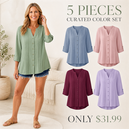 FINAL CLEARANCE - 10-Pack Only $39.99 - Women's Relaxed Pleated Button-Front Three-Quarter-Sleeve Blouse