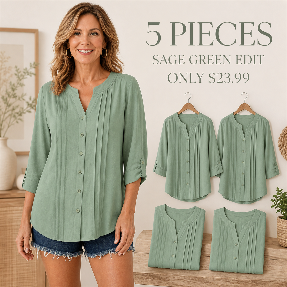 FINAL CLEARANCE - 10-Pack Only $39.99 - Women's Relaxed Pleated Button-Front Three-Quarter-Sleeve Blouse