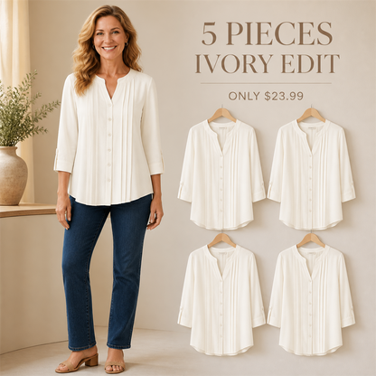 FINAL CLEARANCE - 10-Pack Only $39.99 - Women's Relaxed Pleated Button-Front Three-Quarter-Sleeve Blouse